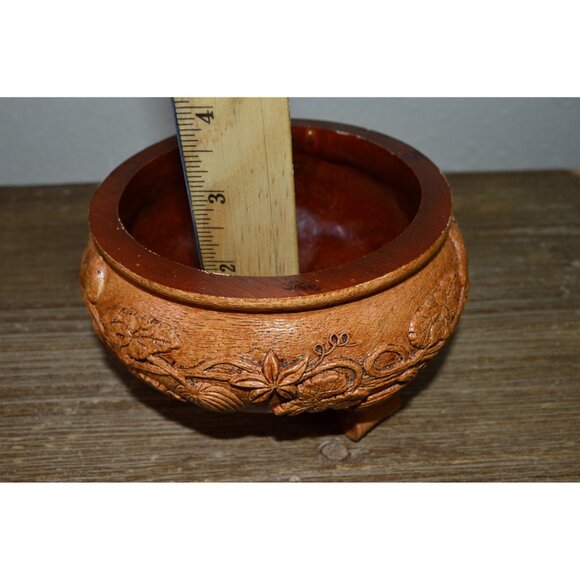 Vintage Faux Wood Carved Mold Resin Footed Floral Leaf Design Bowl Dish Display - Picture 11 of 11